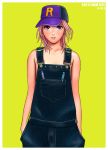  hat overalls purple_hair ryu_(artist) short_hair solo 