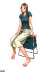 1girl arm_support bare_arms barefoot brown_eyes brown_hair feet full_body hand_between_legs long_hair looking_away original ryu_(artist) shirt short_sleeves simple_background sitting skirt solo t-shirt v-neck white_background 