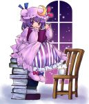  book book_stack chair cup hat long_hair mug ogakuru patchouli_knowledge purple_eyes purple_hair sitting solo touhou violet_eyes window 