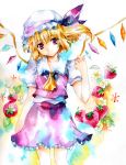  colorful flandre_scarlet food fragran0live fruit hat head_tilt looking_at_viewer ponytail red_eyes short_hair side_ponytail smile strawberry touhou traditional_media watercolor_(medium) wings 