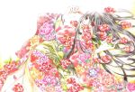  black_hair blunt_bangs bracelet camellia_(flower) enma_ai floral_pattern floral_print flower hime_cut japanese_clothes jewelry jigoku_shoujo kimono long_hair lying red_eyes rose traditional_media yami_(silent) 