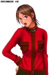  1girl brown_eyes brown_hair hand_on_hip long_sleeves open_mouth original ryu_(artist) shirt simple_background solo standing two-tone_hair upper_body white_background 