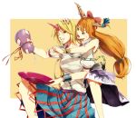  blonde_hair chain chains gourd grin horn horns hoshiguma_yuugi ibuki_suika long_hair multiple_girls orange_hair red_eyes sakazuki sake sawasawa simple_background smile tears theft touhou wink 