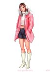 1girl boots brown_eyes brown_hair coat earmuffs female full_body hands_in_pockets high_heels knee_boots long_hair long_sleeves midriff open_coat original pink_coat ryu_(artist) shirt shoes shorts simple_background solo standing white_background white_shirt