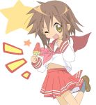  1girl brown_hair core_(mayomayo) fang jumping kusakabe_misao lucky_star popsicle school_uniform serafuku short_hair solo suika_bar wink yellow_eyes 