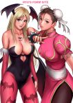  2girls alternate_color bare_shoulders bat_ears bat_print bat_wings black_leotard blonde_hair blue_eyes bracelet breasts bridal_gauntlets brown_eyes brown_hair bun_cover capcom chinese_clothes chun-li cleavage crossover demon_girl double_bun earrings fur_trim head_wings heart jewelry large_breasts leotard lipstick loincloth long_hair morrigan_aensland multiple_girls orange_eyes pantyhose pink_legwear pointing print_legwear print_pantyhose puffy_short_sleeves puffy_sleeves ribbon ryu_(artist) short_hair simple_background smile spiked_bracelet spikes standing strapless strapless_leotard street_fighter succubus tattoo thigh-highs turtleneck vampire_(game) white_background wings 