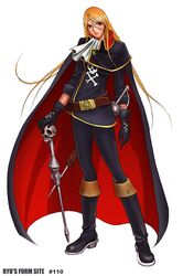  1girl ascot belt blonde_hair boots cape emeraldas facial_scar female full_body gloves gun harlock_saga knee_boots long_hair oldschool pirate queen_emeraldas ryu_(artist) scar scar_on_face simple_background skull skull_and_crossbones solo standing sword waga_seishun_no_arcadia weapon white_background white_neckwear 