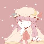  bad_id book closed_eyes crescent hat long_hair mogu_(pixiv140606) monochrome nail_polish patchouli_knowledge purple_hair smile solo star touhou 