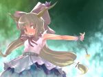  chain chains grin horns ibuki_suika long_hair outstretched_arms ribbon smile solo spread_arms suisai touhou 