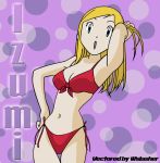  1girl :o bikini blonde_hair cute digimon digimon_frontier green_eyes orimoto_izumi posing red_bikini sexy sexy_pose solo swimsuit vector_trace 