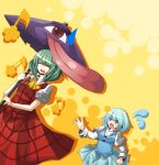  2girls ascot bullying closed_eyes green_hair heterochromia karakasa_obake kazami_yuuka lion_nicole multiple_girls musical_note orange_background plaid plaid_skirt plaid_vest short_hair skirt skirt_set smile sweatdrop tatara_kogasa tongue touhou umbrella 