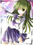  1girl green_eyes green_hair kochiya_sanae long_hair mashayuki pentagram school_uniform serafuku solo touhou 