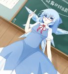  adult ai_ai_gasa akagaminanoka bespectacled blue_eyes blue_hair bow breasts chalk chalkboard cirno dress dutch_angle fuuen_(akagaminanoka) glasses hair_bow ribbon short_hair solo teacher touhou translation_request wings 