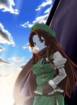  china_dress chinese_clothes clouds green_eyes hat highres hong_meiling long_hair mittens red_hair scarf tama_(pixiv) tama_(speedgrapher) touhou 
