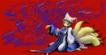  blonde_hair blue_eyes fox_tail hat highres multiple_tails short_hair sitting solo tail touhou yakumo_ran 