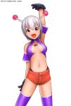 gloves grey_hair red_eyes ryu_(artist) shiny shiny_clothes short_shorts shorts simple_background solo thighhighs 