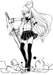  1girl ico_(green_bullet) kimidori_(ico) long_hair looking_at_viewer monochrome original school_uniform serafuku simple_background sketch solo sword thigh-highs very_long_hair weapon white_background 