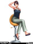  1girl arm_up armpits bare_shoulders brown_hair casual cigarette crossed_legs english full_body hand_on_head jeans looking_to_the_side no_socks one_eye_closed pants ryu_(artist) sandals short_hair simple_background sitting sleeveless solo toes white_background 