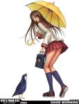  1girl bird brown_eyes brown_hair english full_body holding holding_briefcase holding_umbrella loafers long_hair long_sleeves looking_at_animal miniskirt open_mouth pleated_skirt red_skirt ryu_(artist) school_bag school_briefcase school_uniform serafuku simple_background skirt socks solo umbrella white_background yellow_umbrella 