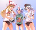  bad_id blonde_hair buruma contemporary gym_uniform hat kanryuusai_sensei purple_hair ribbon saigyouji_yuyuko silver_hair takeda_kanryuusai touhou yagokoro_eirin yakumo_yukari 