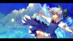  bloomers blue blue_dress blue_eyes blue_hair bow character_name cirno cloud dress floating_hair hair_bow ice ice_wings letterboxed lowres outstretched_arms ribbon short_hair short_sleeves sky snowflakes solo spread_arms sunakumo title_drop touhou wings 