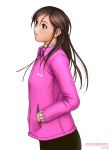  1girl brown_hair closed_mouth hand_in_pocket jacket long_hair long_sleeves looking_away original pink_jacket ryu_(artist) simple_background solo standing white_background 