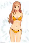  absurdres bikini breasts brown_eyes cleavage highres long_hair orange_bikini shining_(series) shining_wind solo swimsuit taka_tony touka_kureha white_background 