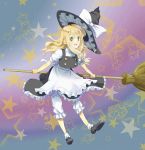  apron blonde_hair bloomers bobby_socks bow broom buttons hair_bow hat hat_removed headwear_removed kirisame_marisa long_hair meet open_mouth short_hair smile socks solo star starry_background touhou waist_apron witch_hat yellow_eyes 