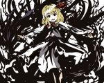  blonde_hair fangs hair_ribbon monochrome outstretched_arms red_eyes ribbon rumia smile solo spot_color spread_arms suisai touhou 