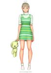  1girl aqua_eyes closed_mouth dress full_body green_dress holding horizontal-striped_dress horizontal_stripes no_shoes ryu_(artist) short_hair simple_background socks solo standing striped striped_dress stuffed_animal stuffed_toy teddy_bear turtleneck white_background white_legwear 