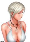  1girl blonde_hair breasts brown_eyes bust cleavage closed_mouth earrings jewelry large_breasts looking_away necklace original ryu_(artist) short_hair simple_background solo swimsuit white_background 