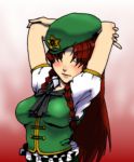  arms_behind_head arms_up blue_eyes braid china_dress chinadress chinese_clothes gumdrop hat hong_meiling long_hair red_hair redhead solo touhou twin_braids 