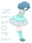  arms_behind_back blue_eyes blue_hair blue_legwear dress hair_bobbles hair_ornament heart ica kawashiro_nitori kneehighs lolita_fashion mary_janes shoes short_hair smile solo touhou twintails 