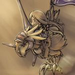  bad_id banner barding blonde_hair cape cavalry chibi chocobo final_fantasy final_fantasy_tactics knight_(fft) lance long_hair momigara_(mmgrkmnk) nawashiro polearm riding weapon |_| 