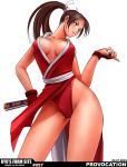  1girl artist_name brown_hair cowboy_shot dated fan fatal_fury gloves high_ponytail holding holding_fan long_hair pelvic_curtain ponytail revealing_clothes ryu_(ryu&#039;s_former_site) shiranui_mai simple_background solo the_king_of_fighters white_background 