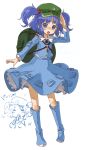  =_= backpack bag blue_eyes blue_hair blush boots hair_bobbles hair_ornament hat kawashiro_nitori key kingin open_mouth petticoat rubber_boots salute short_hair simple_background solo standing touhou twintails 