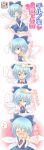  1girl absurdres blue_eyes blue_hair blush bow cirno comic girotin_ginza hair_bow happy highres mood_swing musical_note petting short_hair smile solo touhou translated tsundere wavy_mouth wings 