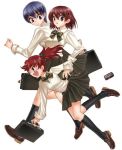  bag black_kneehighs black_legwear blue_hair bow brown_hair can dress_shirt fujiwara_naeka hair_ornament hairclip hirano_miwa izumi_eiko kamen_no_maid_guy kneehighs loafers multiple_girls official_art ponytail red_hair redhead school_bag school_uniform shirt shoes short_hair socks trip tripping 