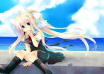  blonde_hair blue_eyes boots bottle kamio_misuzu long_hair misaki_kozue ponytail school_uniform seaside 