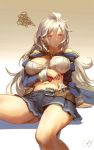 1girl ahoge arm_support bangs bare_shoulders belt black_skirt blue_jacket breasts breasts_apart brown_eyes buckle cancer_(zjcconan) frown gradient gradient_background granblue_fantasy hand_on_own_stomach jacket large_breasts long_hair long_sleeves looking_away looking_to_the_side midriff miniskirt navel off_shoulder open_clothes open_jacket reclining signature silva_(granblue_fantasy) silver_hair skirt solo squiggle unbuckled_belt 