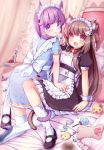  2girls :3 animal_ears bed bell bow brown_hair candy cat_ears cat_tail cuffs hair_bow hair_ornament hairclip maid maid_headdress mary_janes multiple_girls on_bed original paw_pose pink_eyes prinz_luzifer puffy_sleeves purple_hair ribbon shoes socks tagme tail tail_wrap twintails violet_eyes 