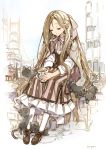 1girl artist_name blush bow building cat closed_eyes cup dress empew full_body holding long_hair mug original outdoors parted_lips shoes sitting very_long_hair white_legwear 