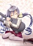 1girl grey_hair kantai_collection kiyoshimo_(kantai_collection) kobiyuun long_hair pillow pillow_hug school_uniform smile solo twintails 