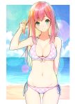  1girl aqua_eyes beach bikini breasts cleavage lens_flare long_hair looking_at_viewer navel original pink_hair plaid plaid_bikini smile solo swimsuit uyu_(keyakinoki) 