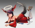  1girl 2015 black_hair breasts chin_rest choker dated detached_sleeves dress earrings elin_(tera) full_body glint gradient gradient_background halo head_wings high_heels jewelry looking_up lying noixen number on_stomach shoes short_hair smile solo tail tera_online thigh-highs violet_eyes white_legwear 
