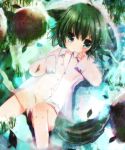  1girl animal_ears flat_chest fox_ears fox_tail frown grass green_eyes green_hair in_water leaf lying naked_shirt navel on_back original see-through shirt tail unbuttoned water wet wet_clothes wet_hair wet_shirt yomogi4 