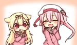  2girls :d ^_^ alternate_costume beret black_ribbon blonde_hair closed_eyes commentary_request hair_flaps hair_ornament hair_ribbon hairclip harusame_(kantai_collection) hat jako_(jakoo21) kantai_collection licking_lips long_hair long_sleeves multiple_girls open_mouth pink_hair red_eyes remodel_(kantai_collection) ribbon scarf smile tongue tongue_out yuudachi_(kantai_collection) 