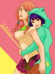  2girls animal_ears braid copyright_name fake_animal_ears flower hair_bobbles hair_ornament hako_(manboow) higashikata_daiya hirose_yasuho hoodie hug hug_from_behind jojo_no_kimyou_na_bouken jojolion multiple_girls orange_eyes pantyhose pink_hair purple_hair rose skirt smile striped striped_legwear twin_braids violet_eyes 