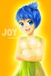  1girl absurdres artist_name blue_eyes blue_hair character_name disney highres inside_out joy_(inside_out) open_mouth pixar short_hair smile solo sparkle torakun14 