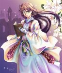  1girl book brown_hair dress female flower glasses gloves gradient gradient_background green_eyes house kisaragi_seika lily_(flower) looking_at_viewer original ribbon robe signature solo white_gloves 